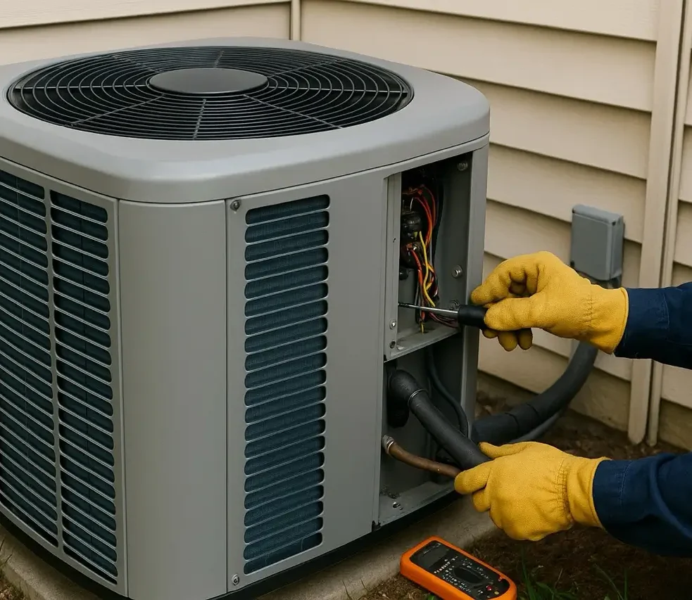 HVAC technician repairing a central air conditioning unit outside a Spokane home