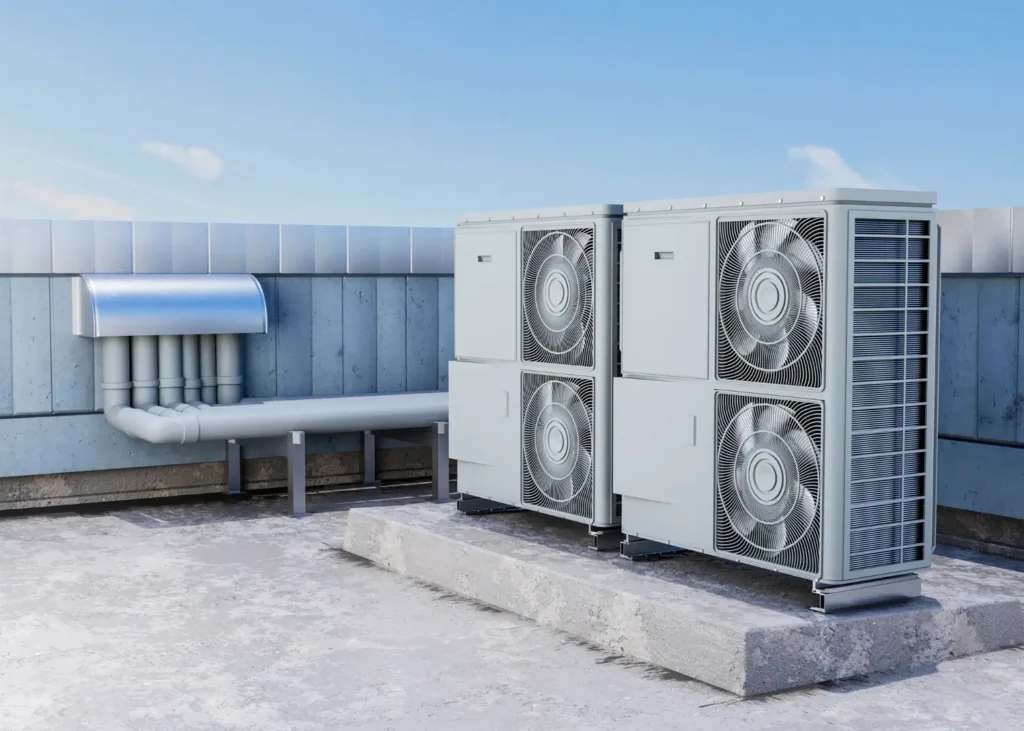 rooftop commercial hvac units with ventilation pipes and cooling fans