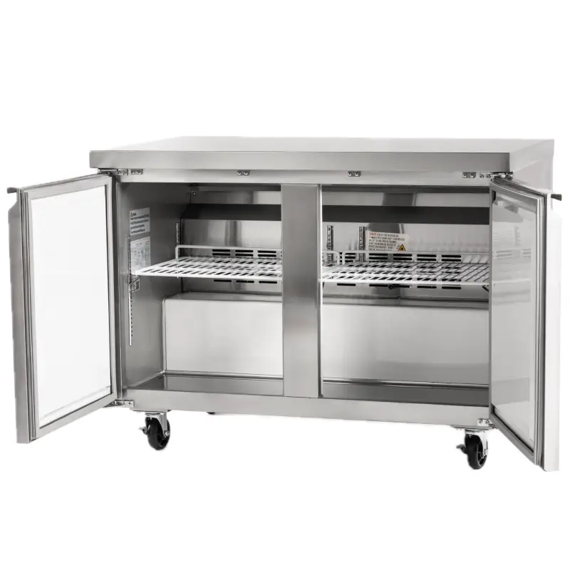 Stainless steel commercial undercounter refrigerator with double doors and interior shelving, used in restaurants, bars, and food-service kitchens.