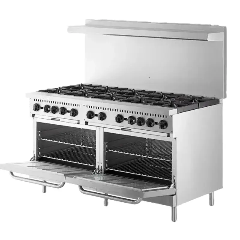 commercial stainless steel gas range with double ovens and multiple burners