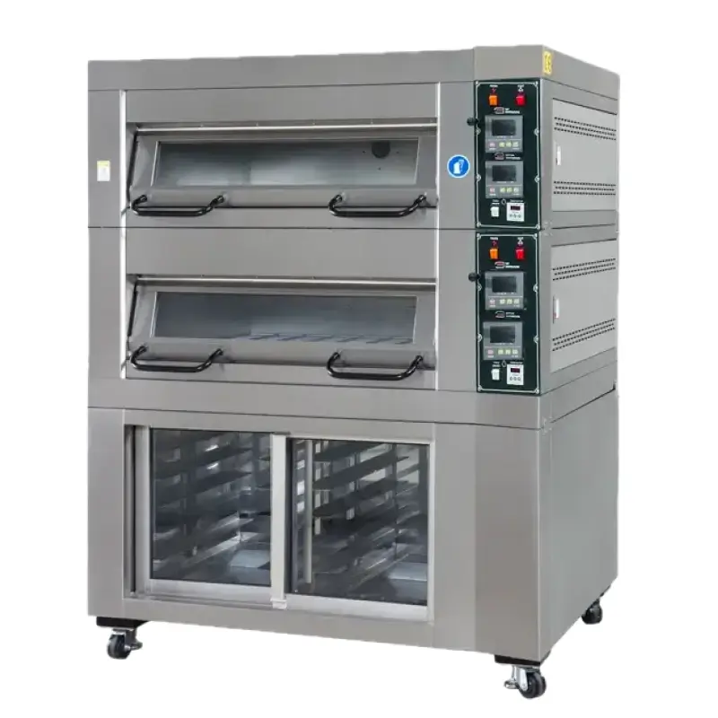 double-deck commercial bakery oven with control panel and storage cabinet