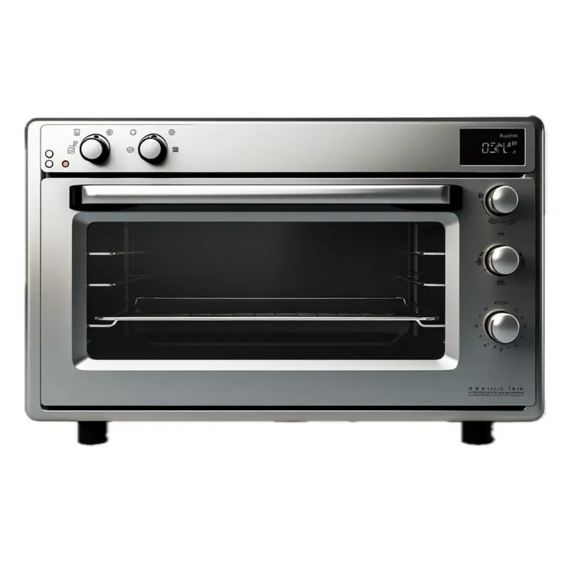 stainless steel countertop electric oven with control knobs and glass door