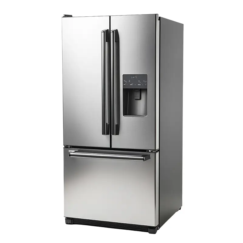modern stainless steel French-door refrigerator with bottom freezer and water dispenser