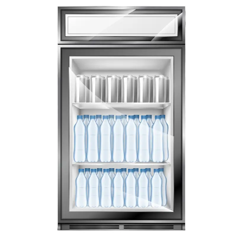 commercial glass-door display refrigerator stocked with bottles and cans