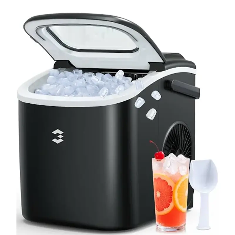 Stainless steel commercial ice maker machine with built-in ice storage bin, used for bar, café, and restaurant ice production.