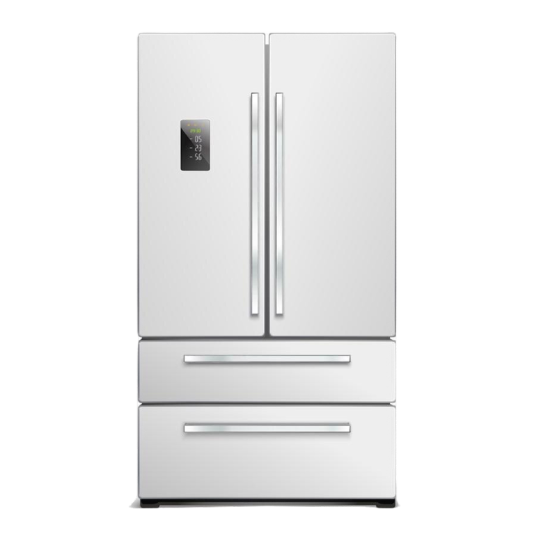 Modern stainless steel French door refrigerator with digital display and two bottom freezer drawers, used for residential kitchen appliance repair services.
