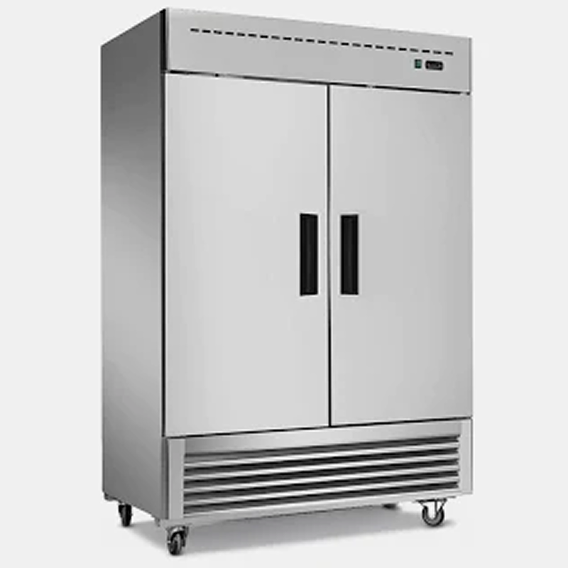 Stainless steel commercial reach-in refrigerator with double doors and caster wheels, used in restaurants and commercial kitchens.