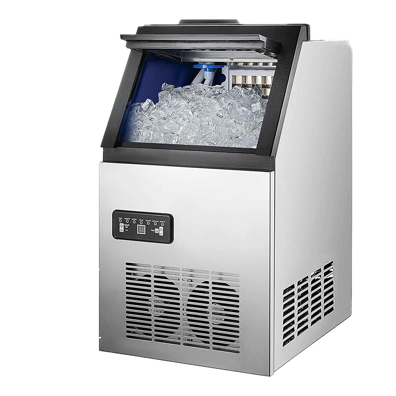 Stainless steel commercial ice maker machine with built-in ice storage bin, used for bar, café, and restaurant ice production.