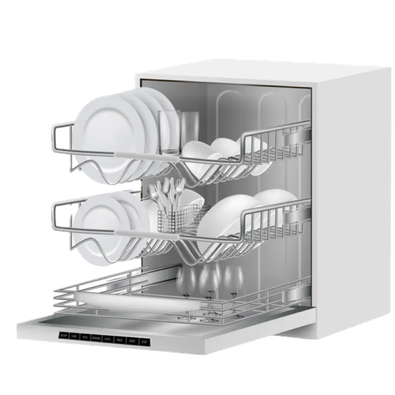 open dishwasher with loaded racks holding plates glasses and utensils