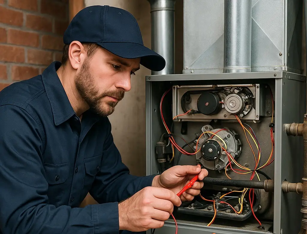 hvac technician inspecting furnace blower motor and wiring