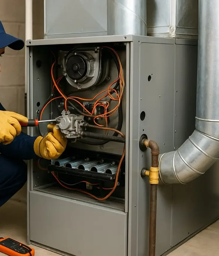 technician repairing gas furnace and adjusting gas valve connections