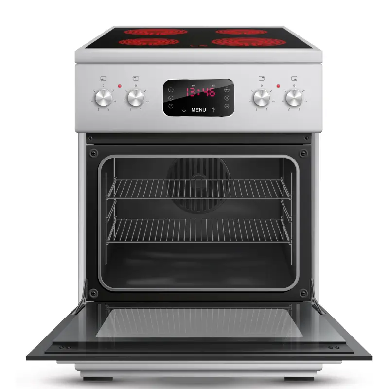 electric oven with open door showing interior racks and control panel