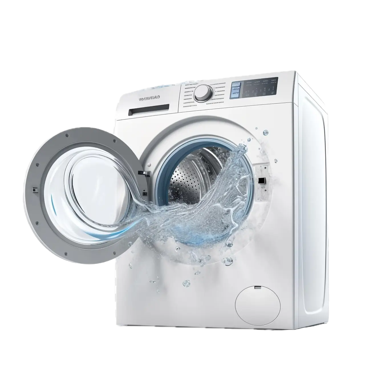 front-load washing machine with open door and water splash effect