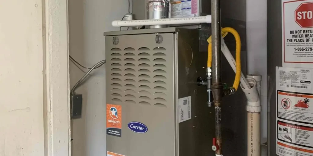 Technician inspecting a gas furnace pilot light in a home basement